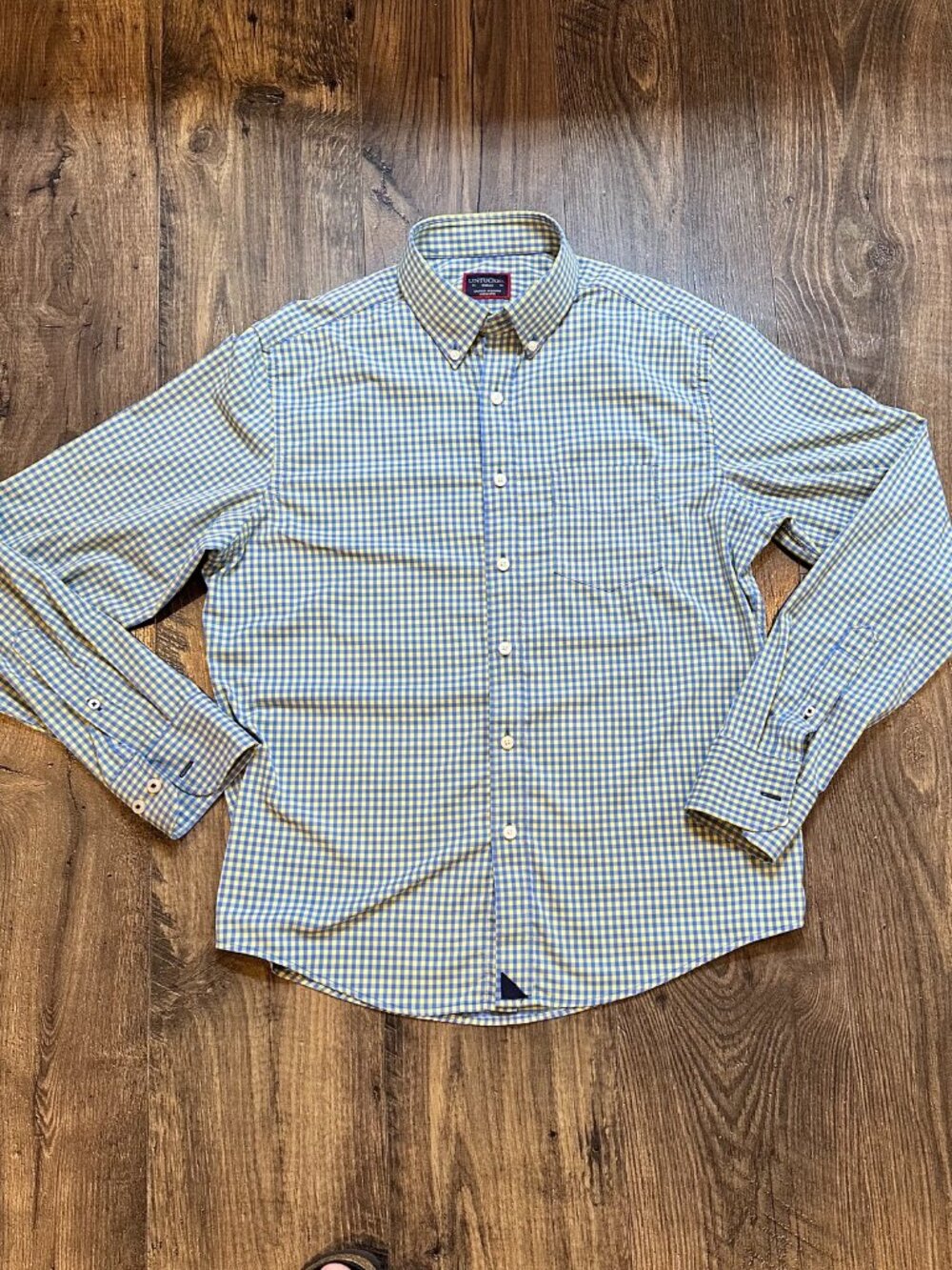 GUC UNTUCKit Men's Button Up Shirt Blue Yellow Plaid Check Long Sleeve Nylon S